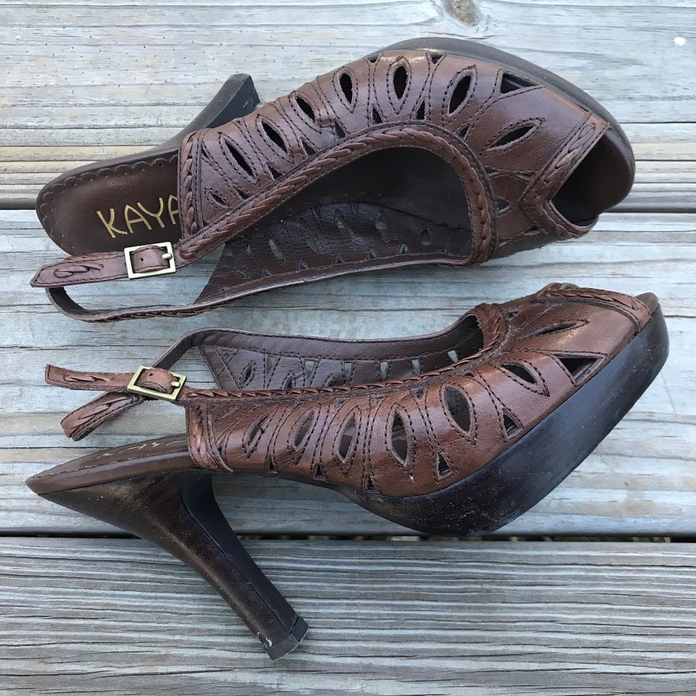 Kaya Women Heels Pump Sling Back Peep Toe Brown